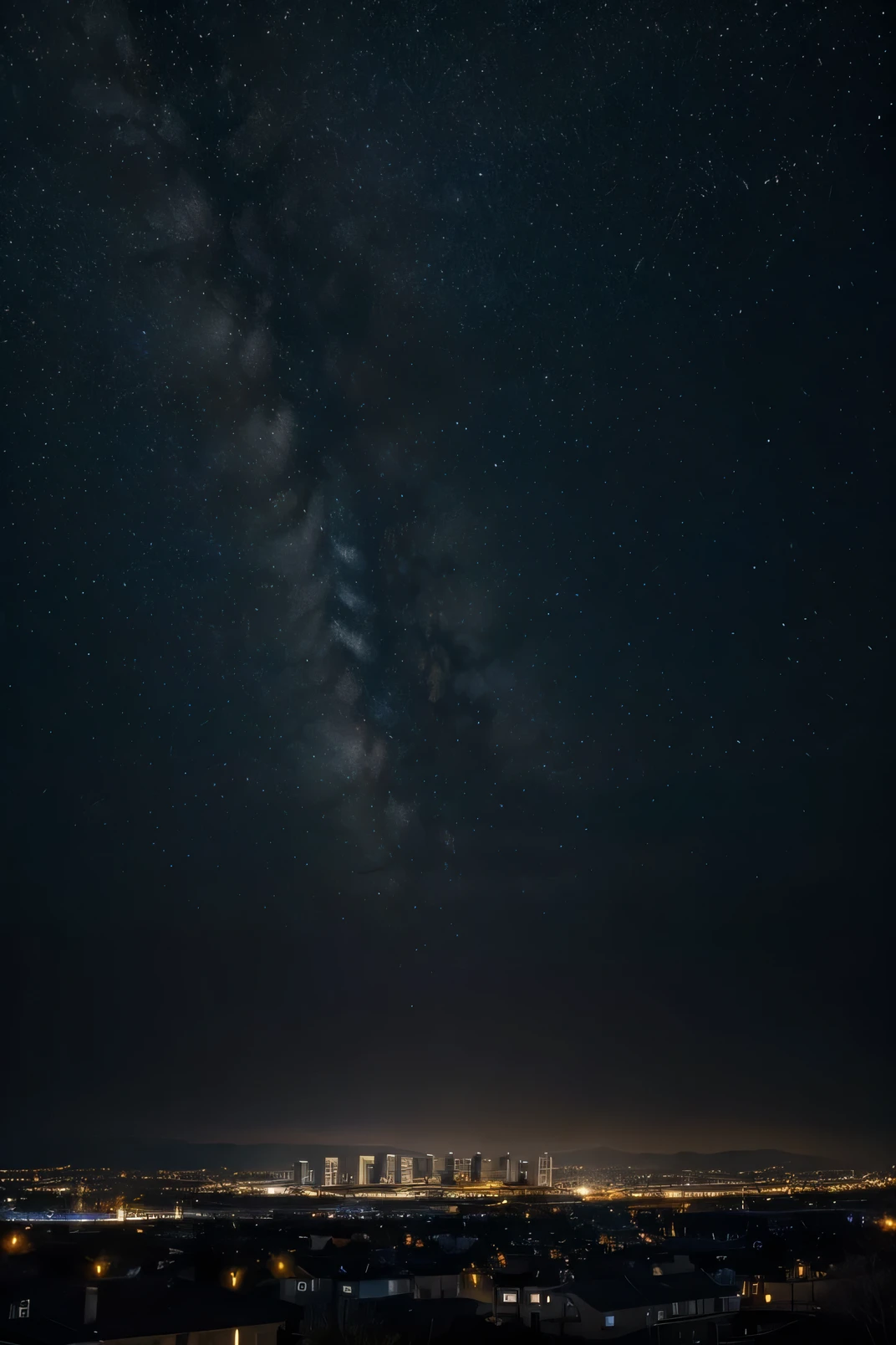 Create a high-quality, realistic image with a cinematic style that shows the night view of a small town lit only by stars and no streets. Include few tall buildings and low houses, some of them must have the lights off. The horizon must be vast and the black sky full of stars, creating a dazzling effect. The image should capture the feeling of tranquility and total isolation, with a night atmosphere rich in details and depth