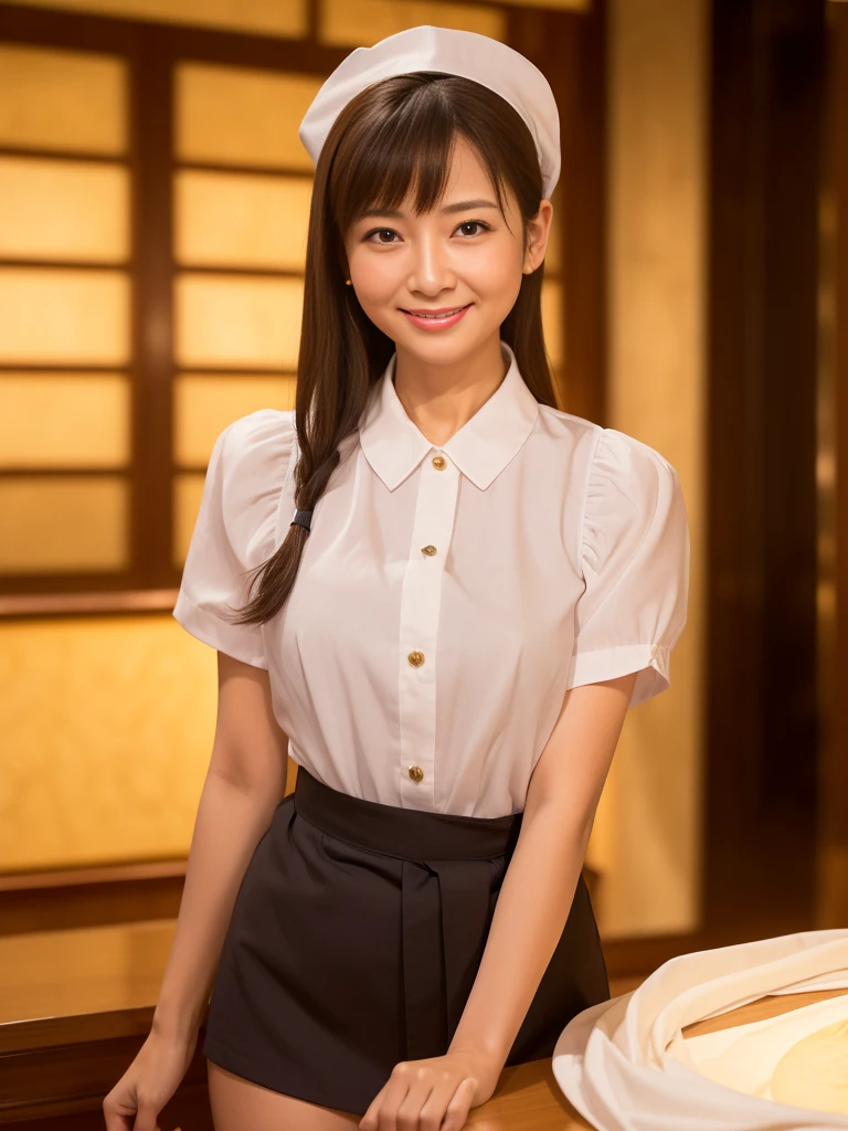 ((masterpiece))、((Highest quality))、photograph、reality、High resolution、Advanced Depth of Field、become close、Realistic lighting、(50 years old:1.3)、(Wrinkles around the eyes:1.3)、(Wrinkles around the mouth:1.3)、secretary、Delicate facial features、Realistic background and accessories、(Large, ample, saggy breasts:1.2)、(narrow and constricted waist,:1.1)、(Thin and beautiful legs)、Sexy lips、bed、Wide Shot、Thighs、(smile:1.3)、Emphasize the weight, soft, Round Breasts、whole body、(Tight waitress uniform:1.2)