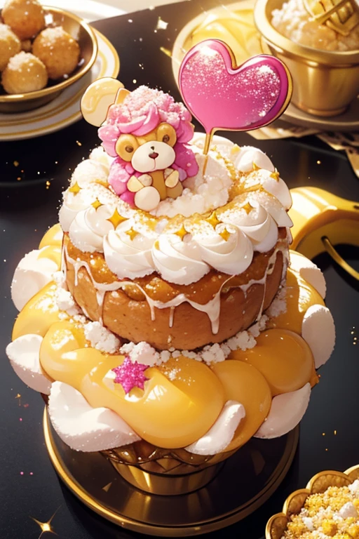Banana Crumbles A gold bundt cake bear with a basic face. He has a huge amount of pale yellow icing on top of his head, decorated with fuchsia sprinkles. SPARKLE; GLITTER