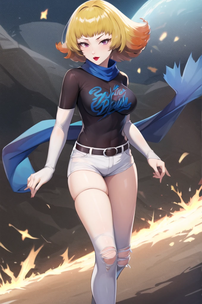 masterpiece, best quality, highres, aaphos, short hair, multicolored hair, blue scarf, 1girl, solo, standing, black t-shirt, white shirt, blue jeans, belt, lipstick, large breasts, layered sleeves