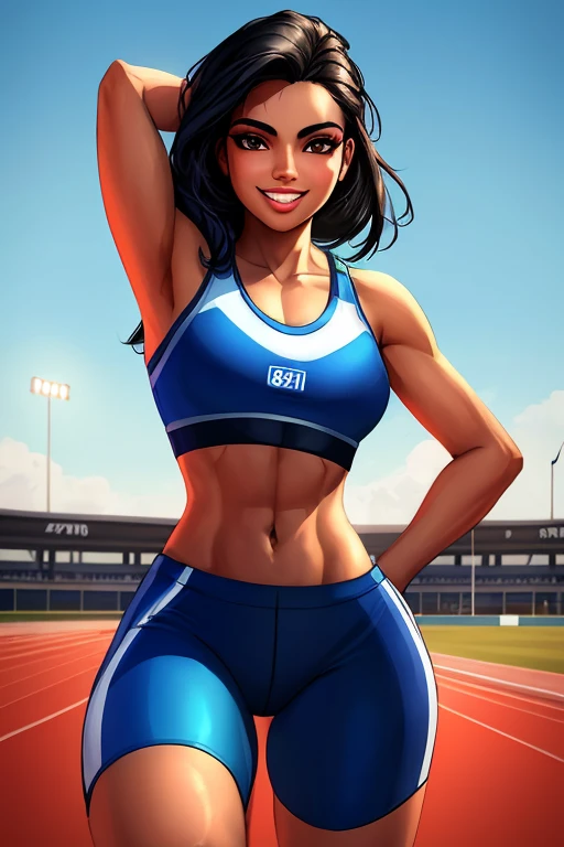 beautiful 23-year-old Pakistani girl, wearing track outfit, dressed in blue sports bra and blue sports bottoms, smiling, teeth, shes very confident, outside on track field, ((slim, athletic)), the background is an athletics track, masterpiece, high contrast, photorealistic digital art trending on Artstation 8k HD high definition