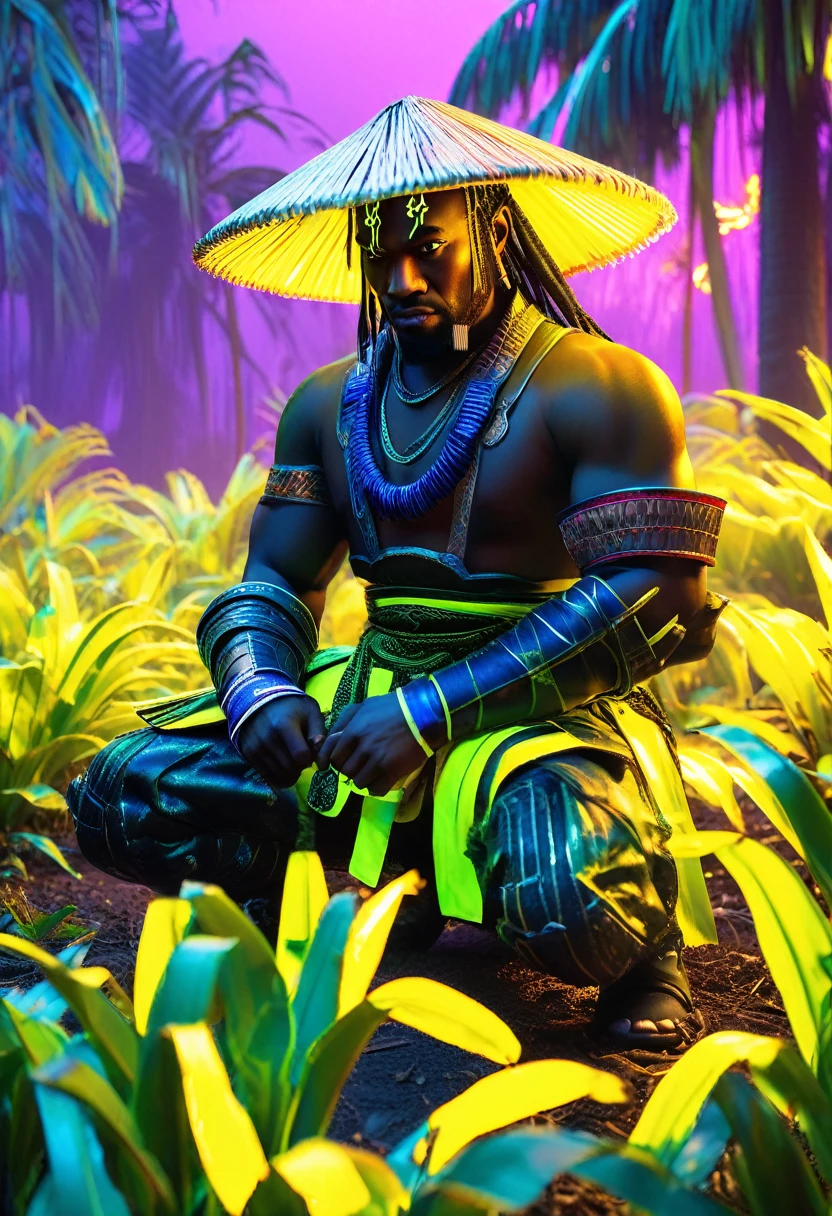 Dramatic and atmospheric image featuring a lone black man samurai kneeling in a neon lit banana plantation. The style is highly detailed and cinematic, with a focus on the contrast between the dark, armored figure and the vibrant neon lit green leaves falling around him. The samurai wears traditional armor and a straw hat, obscuring his facial features, adding to the mysterious and intense mood. The background is a misty neon lit banana plantation, creating a sense of depth and isolation. The neon lit green leaves are a striking visual element, scattered on the ground and in the air, enhancing the overall composition and mood of the scene.