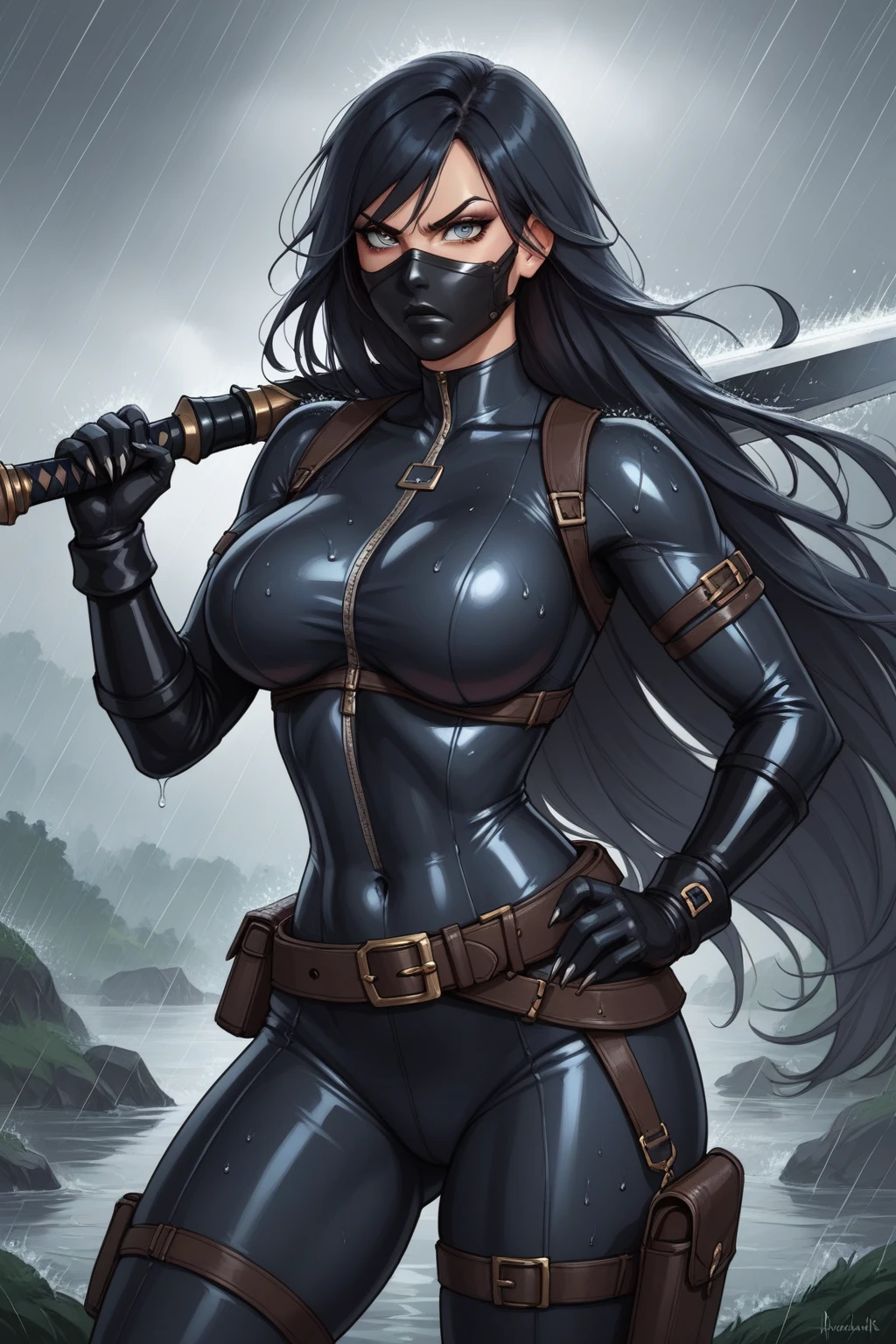 score_9, score_8_up, score_7_up, masterpiece, high quality, BREAK
LraKinyX, long hair, mask, bodysuit, gloves, belt, angry, rain, weapon, claws