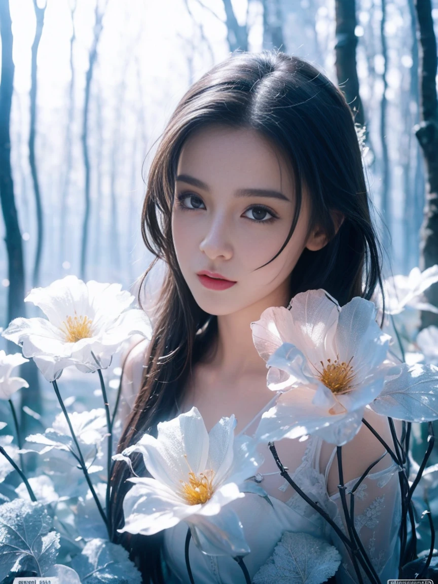 (((masterpiece))), best quality, illustration, 4k wallpaper, movie lights, absurd, 1 girl,(eye,ice), eye花, In winter, gray hair, shiny hair, Perm, transparent clothes, flounce, race, wet clothes, leave_shoulder, hair tie,masterpiece, telephoto lens, absurd, exquisite facial features，record，Poster Composition，elegant pose，，natural light，soft light，（combination of seven parts） ，epic，dreamy and magical，Mystery