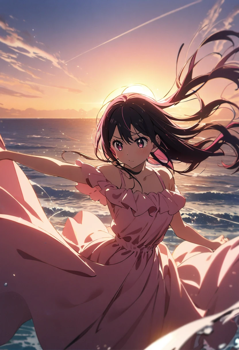 1girl, hoshino ai (oshi no ko), dramatic backlighting, ship's bow, arms outstretched, flowing dress, wind effect, sunset sky, ocean spray, masterpiece, best quality, absurdres

