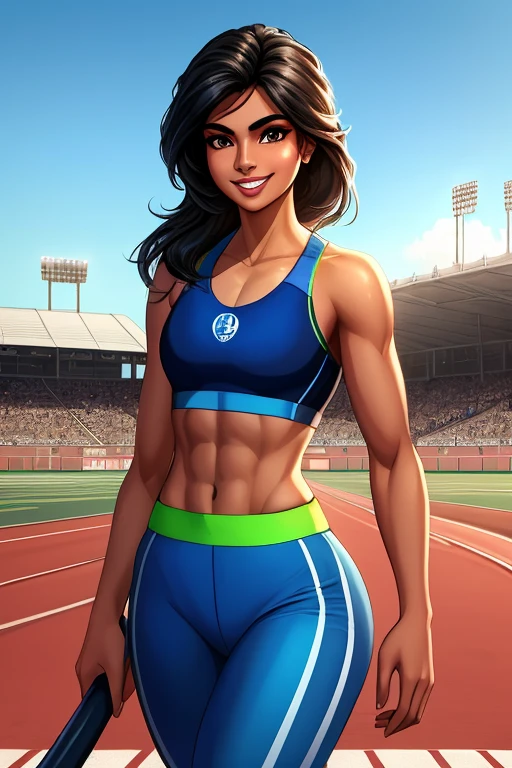 beautiful 23-year-old Pakistani girl, wearing track outfit, dressed in blue sports bra and blue sports bottoms, smiling, teeth, shes very confident, outside on track field, ((slim, athletic)), the background is an athletics track, masterpiece, high contrast, photorealistic digital art trending on Artstation 8k HD high definition