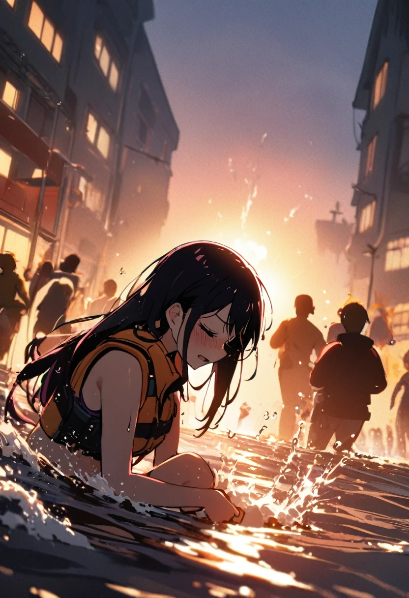 1girl, hoshino ai (oshi no ko), tilted ship deck, emergency flares lighting, distressed expression, life vest, panicked crowd silhouettes, water splashing, masterpiece, best quality, absurdres