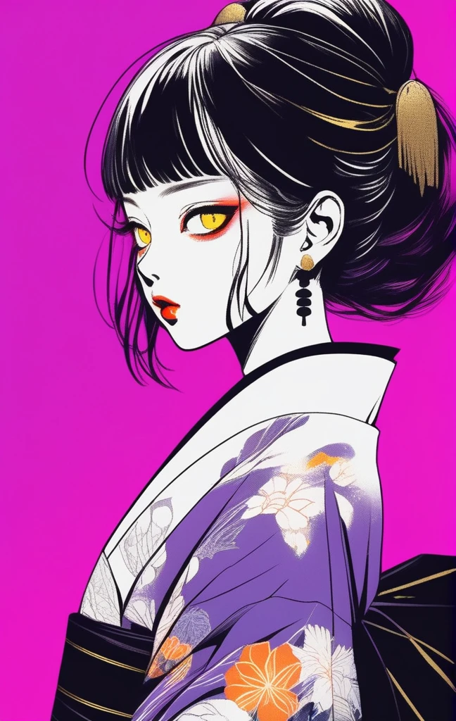 (best quality, sketch:1.2),realistic,illustrator,anime,1 girl, detailed lips, kimono,custom, black and gold gradient background,neon hair,textured cropping, masterpiece, style retro classic, noir style 、An illustration、art、70s horror movie posters, Supervised by Junji Ito、High detail, Realistic Shadows、Analog Style, chromatic aberration, Surrealism、Complementary Gradient