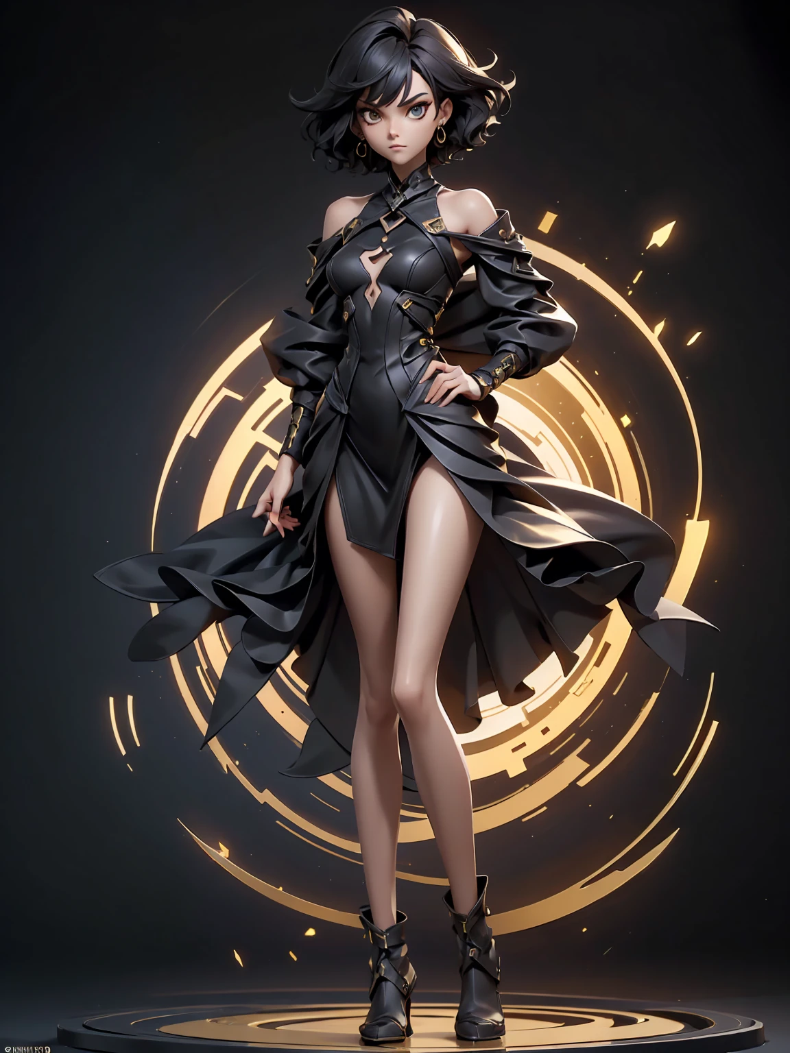 Design a layout showcase Gaming character, (1girl). Black + gold sleek clothes, stylish and unique, short hair, stylish and wavy ((full_body_shot:1.4)))