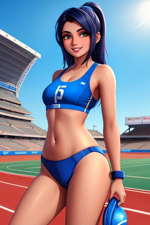 beautiful 23-year-old Pakistani girl, wearing track outfit, dressed in blue sports bra and blue sports bottoms, smiling, teeth, shes very confident, outside on track field, ((slim, athletic)), the background is an athletics track, masterpiece, high contrast, digital art trending on Artstation 8k HD high definition
