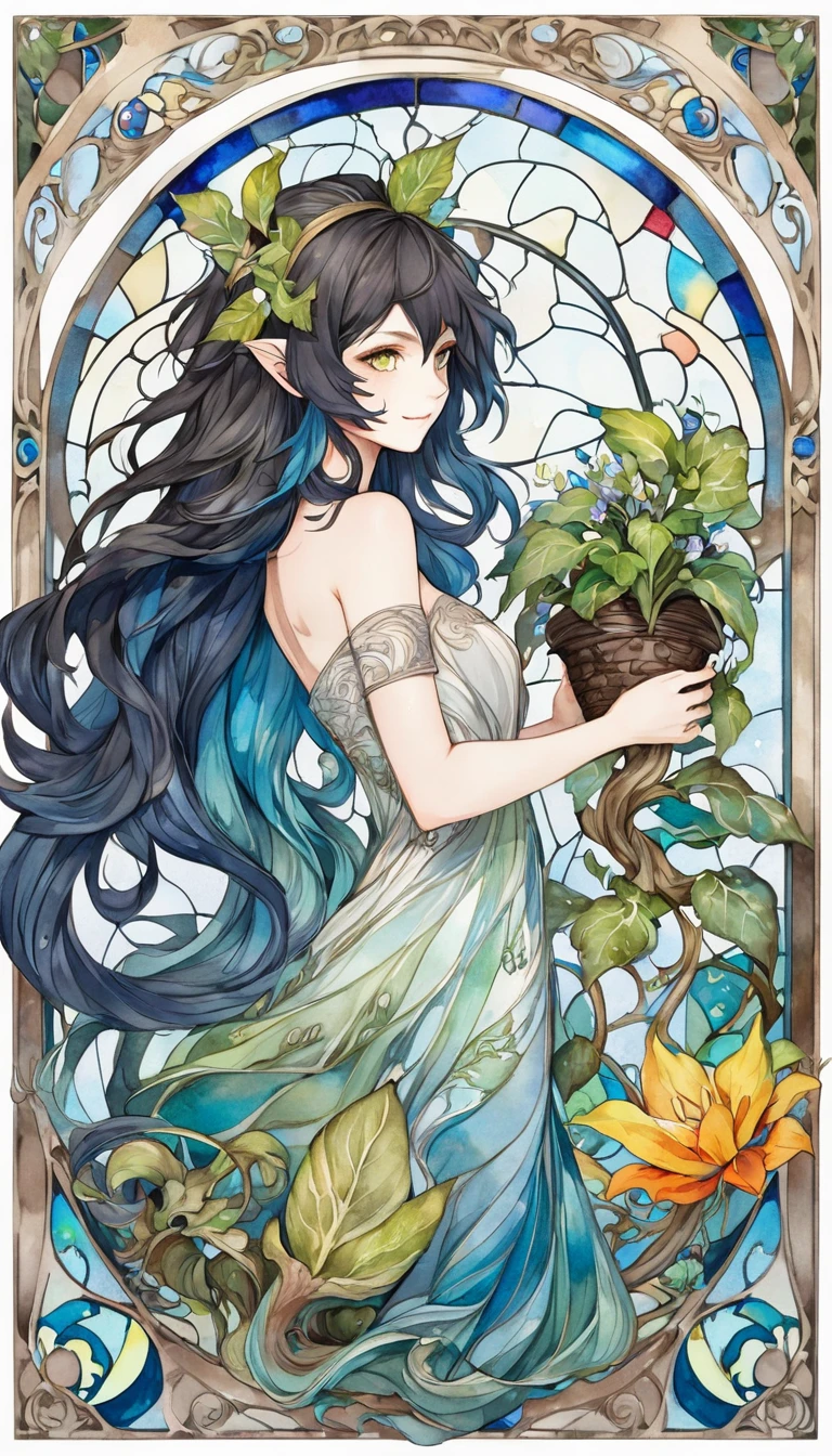 Playing with the tides,Luxray, Split Color Hair, Wind, 舞い散るflowerびら, Stained Glass AI, Decorative, Intricate details, Dukhkova, 2D, Line art, watercolor, ink watercolor, Random color hair, Super long hair, Wavy, One girl,Mandrake,flower, Mandrake,