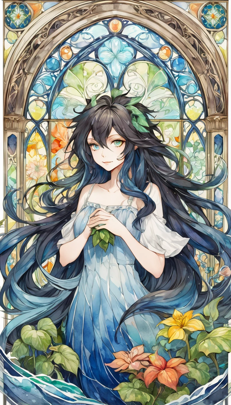 Playing with the tides,Luxray, Split Color Hair, Wind, 舞い散るflowerびら, Stained Glass AI, Decorative, Intricate details, Dukhkova, 2D, Line art, watercolor, ink watercolor, Random color hair, Super long hair, Wavy, One girl,Mandrake,flower, Mandrake,  