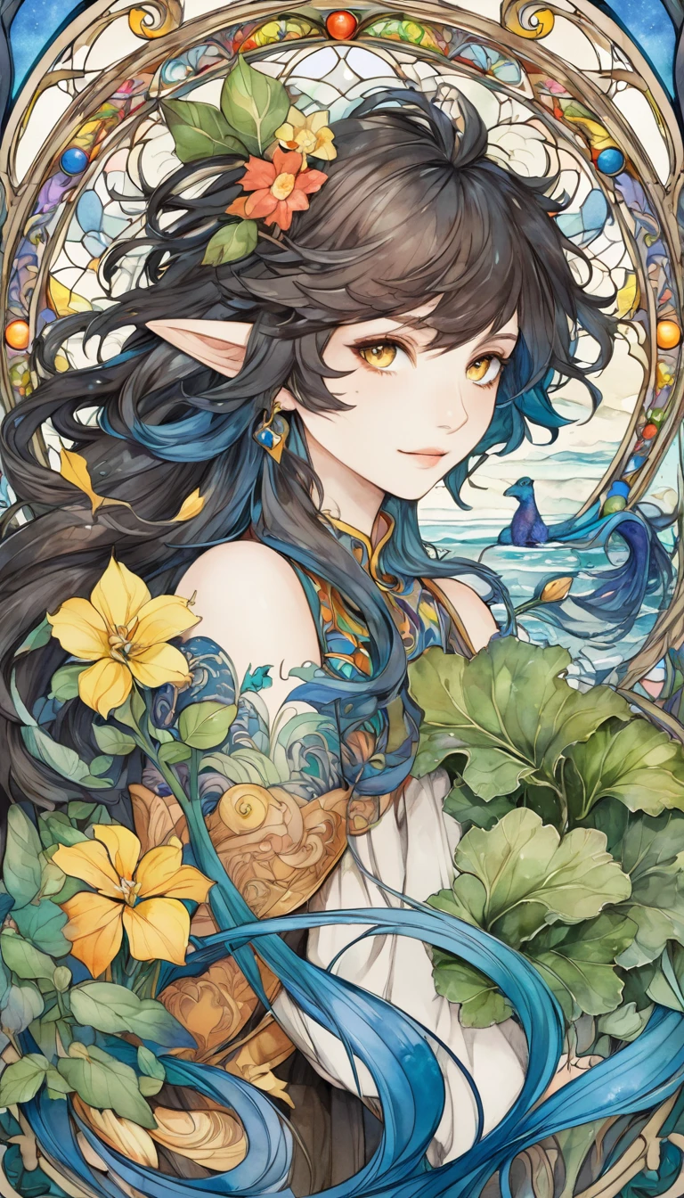 Playing with the tides,Luxray, Split Color Hair, Wind, 舞い散るflowerびら, Stained Glass AI, Decorative, Intricate details, Dukhkova, 2D, Line art, watercolor, ink watercolor, Random color hair, Super long hair, Wavy, One girl,Mandrake,flower, Mandrake,  