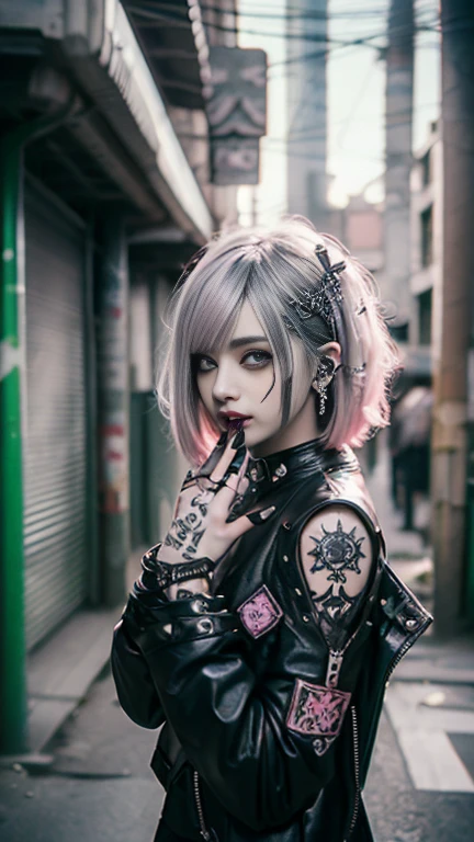 Mohawk、、goth、(Tabletop), (Portraiture), (beautiful), (beautiful), (Upper blood), (high quality), (beautiful clothes), (Professional Perspective), (Rule of thirds), (feminine), (woman), (beautiful),(feminine features), (Age 25), alone, woman1, (Attractive punk girl), Winters, Dramatic Light,), anddgy makeup, (Small breasts), , (front), (Resistance-like expression), ((Resistance)), (Leather jackets and tattoos), ((Short hair)), (dyed (and.g. and pink) hair), (spiky hair), (Thick hair), Matte shine hair, (Hair bands scattered in the hair), (green eyes), (A bold and daring look), (Pale skin), (Dark clothing), (Band T-shirts), (Ripped jeans), (-), Crew neck), ((Urban alley background)), (Close-up shot), beautiful hands, both hands, normal hand, Two Arms, Complete Hand, beautiful body, beautiful fingers, normal finger, Five Fingers, Five Fingers, (Thumb Index Finger Ring Finger), beautiful ears, Normal ear, beautiful eyes, Shining Eyes, beautiful mouth, beautiful lips,