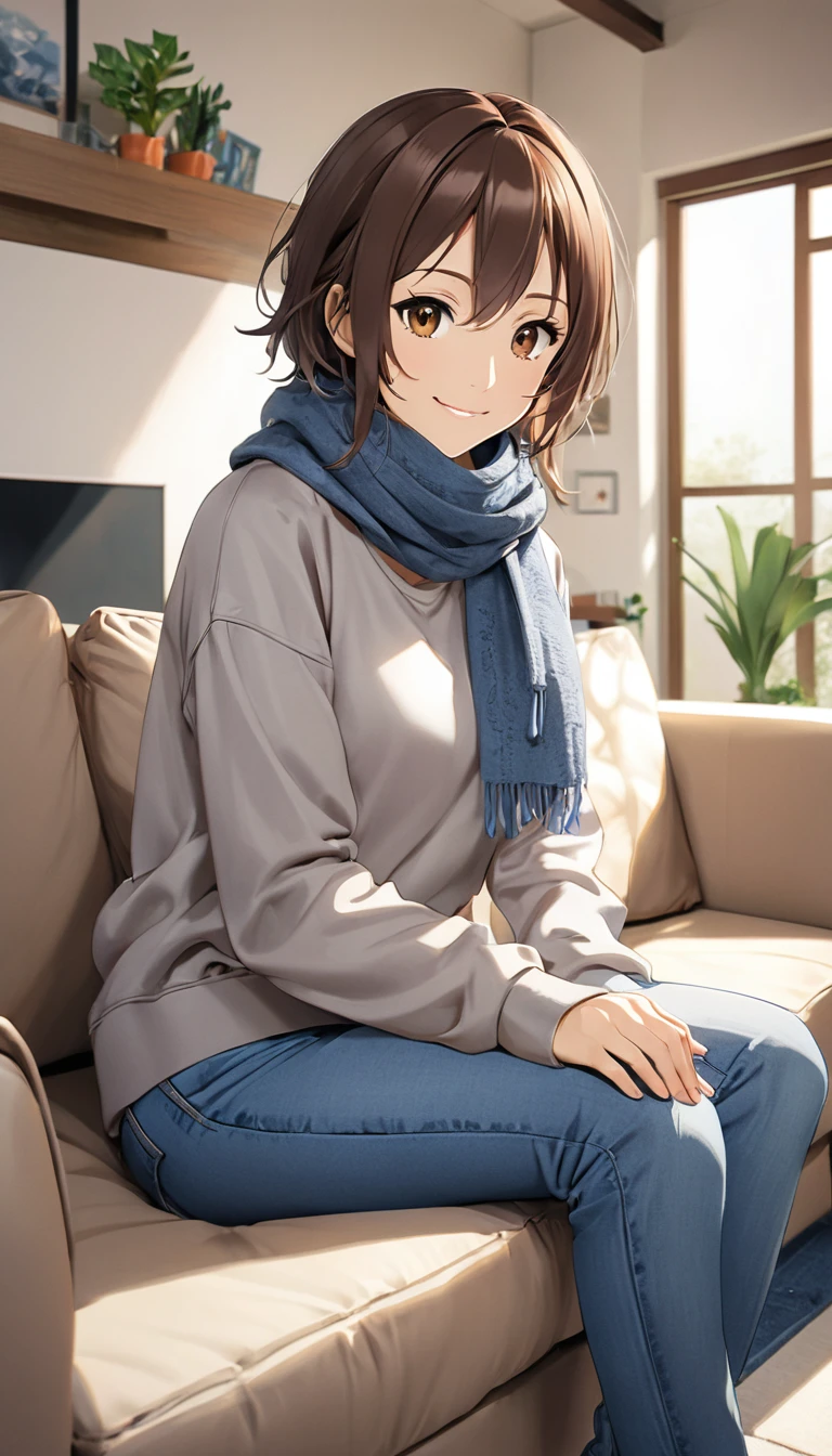 Bell, anime, Brown Hair, Medium chest, Brown eyes, A light smile, jeans, scarf, Grey sweatshirt, Blue pants, Sitting, Sitting cross-legged, Inside the smart home, Sitting on the couch, Shino Asada&#39;s Face, anime Sword Art Online, Highest quality