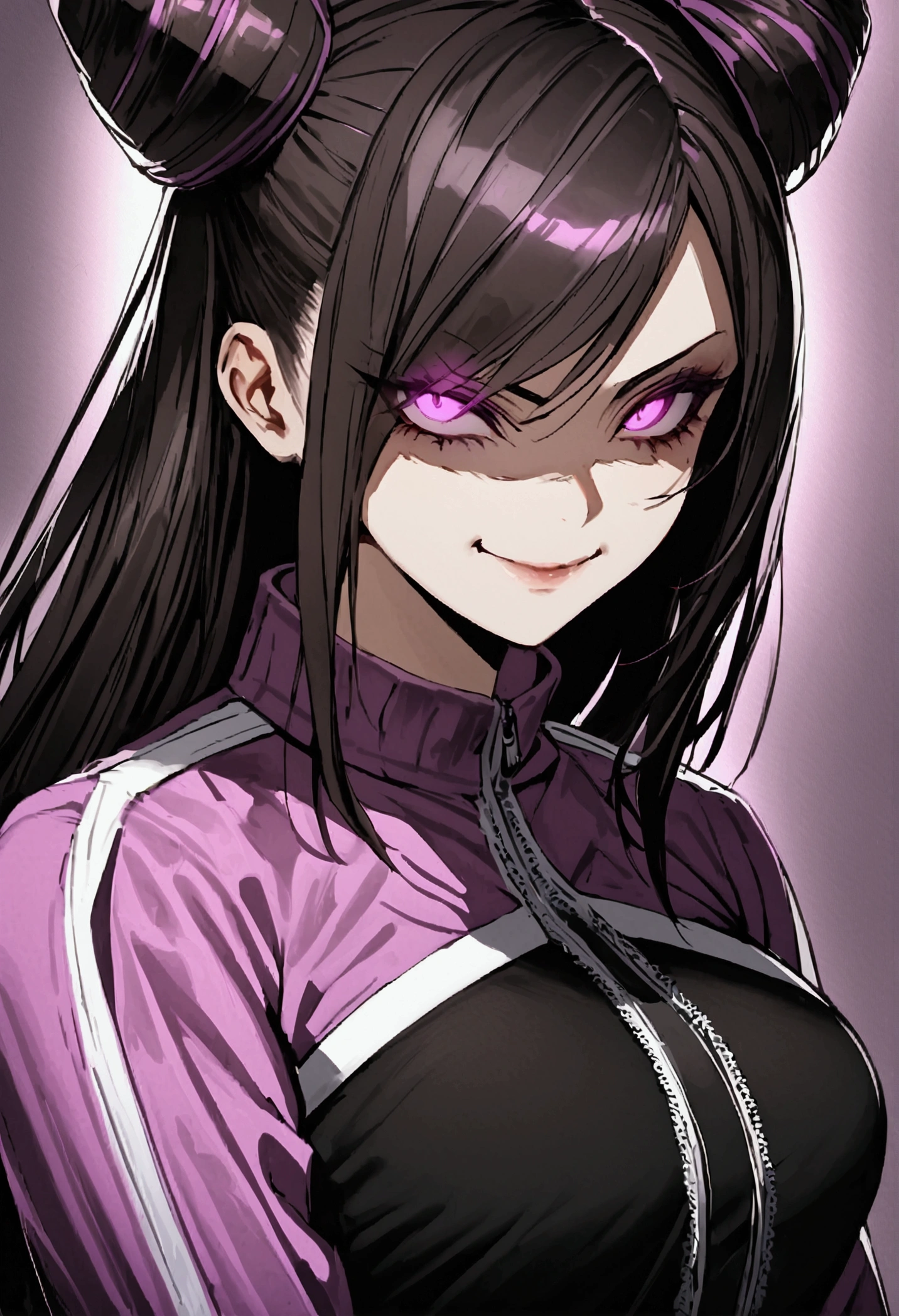 dark eye shadow,shining eyes,beautiful young fitness woman with , in a gym wearing May with black pantyhose, tight white and purple gym jacket. standing alone,hair horns,glowing purple eyes,Evil smile,legging preto ,labiaa,dark eye shadow,shining eyes,close up