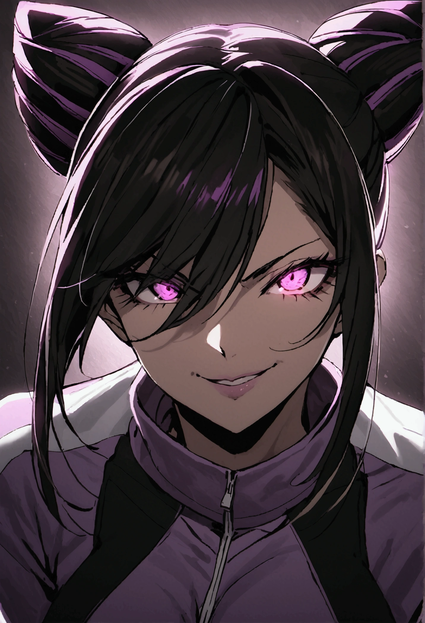 dark eye shadow,shining eyes,beautiful young fitness woman with , in a gym wearing May with black pantyhose, tight white and purple gym jacket. standing alone,hair horns,glowing purple eyes,Evil smile,legging preto ,labiaa,dark eye shadow,shining eyes,close up
