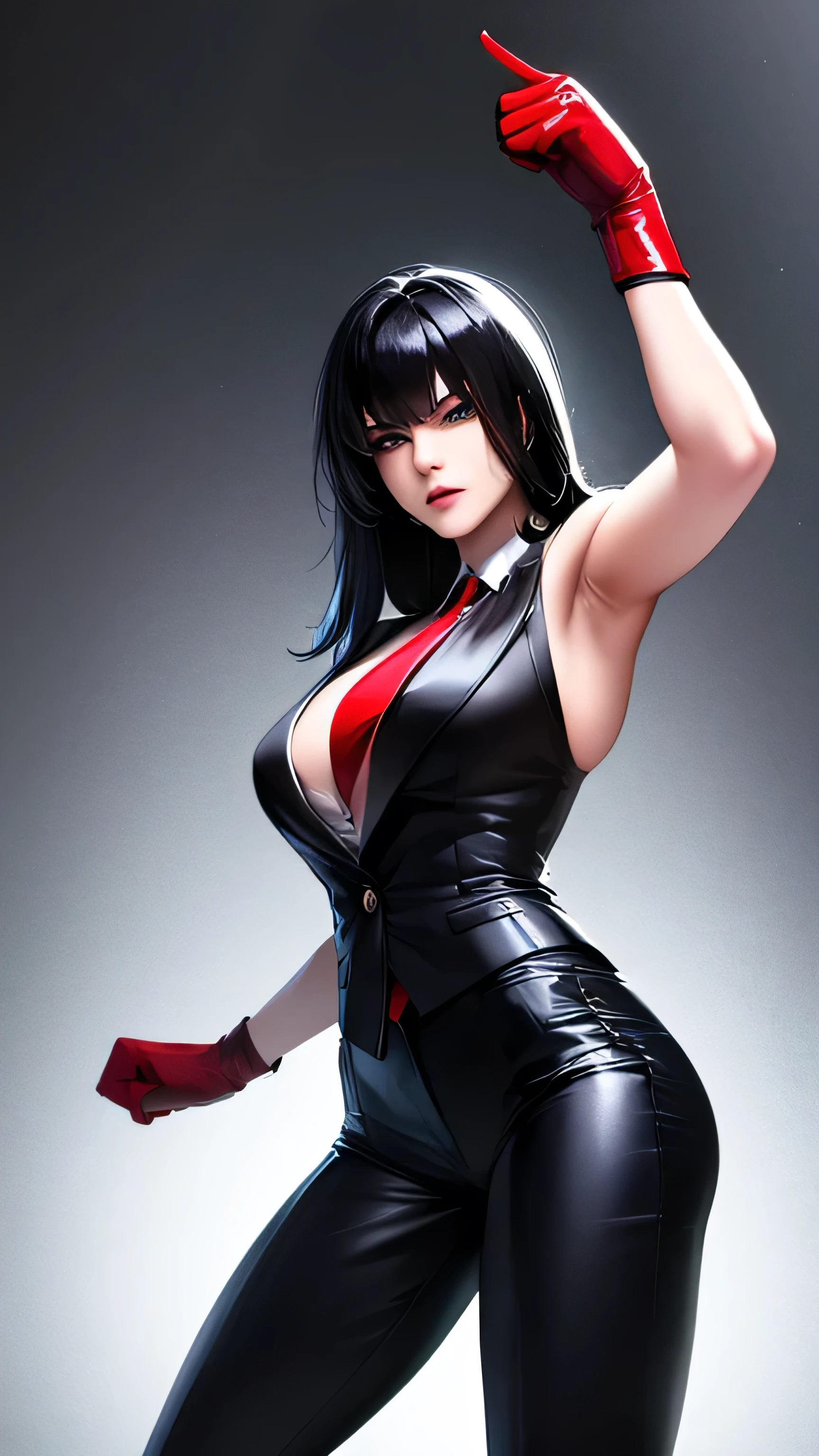 1 girl, 23 years old, long black hair, handsome face, sleeveless business suit, red tie,show cleavage, long black pants, black leather gloves,boxing stance, punching,high quality, masterpiece