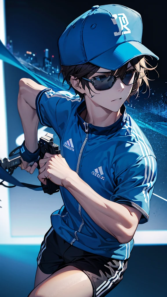 running, Blue sportswear, Wear sports sunglasses, Wearing a cap, Run, male, cinematic lighting, UHD, high details, best quality, highres, 8k