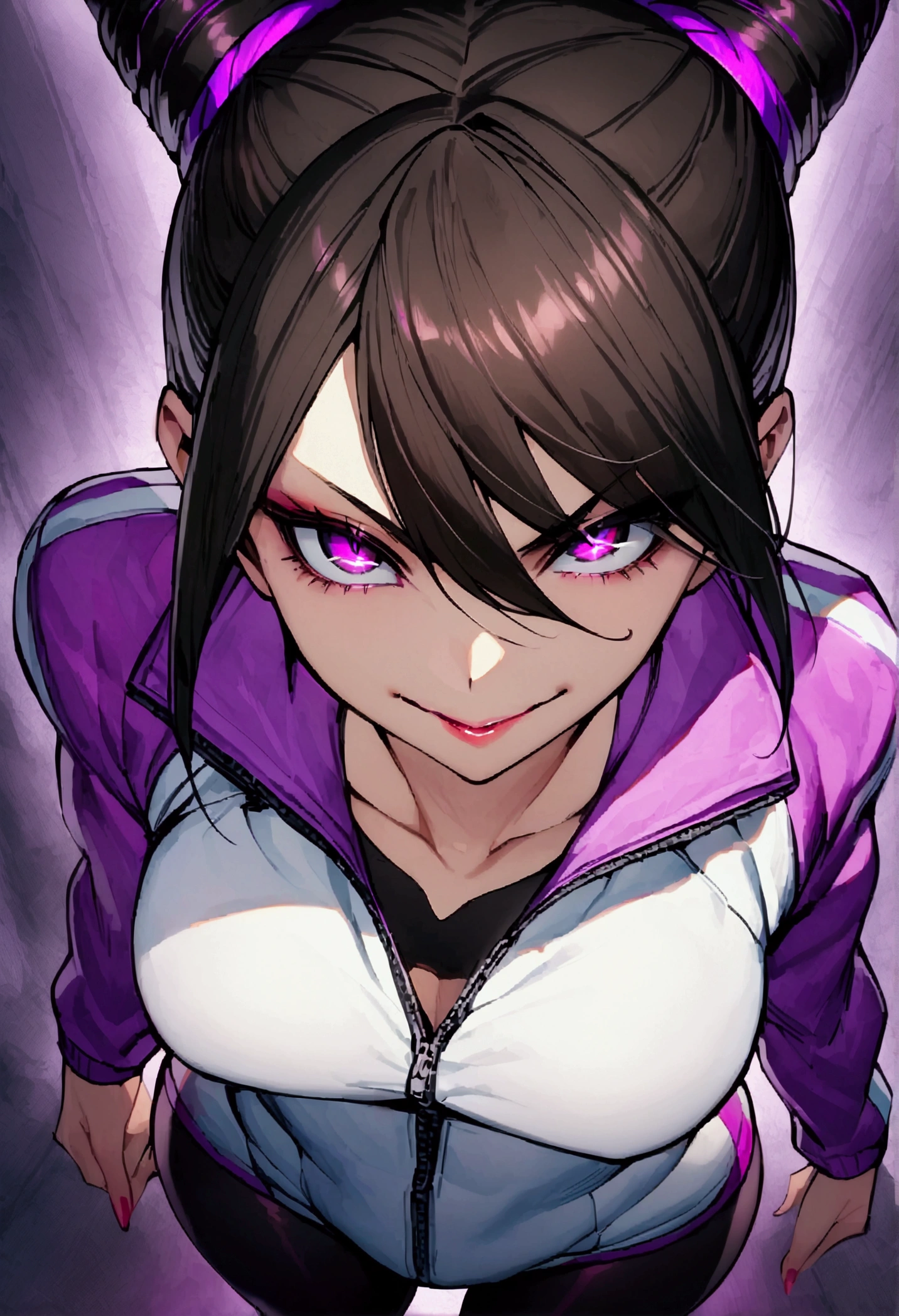 dark eye shadow,shining eyes,beautiful young fitness woman with , in a gym wearing May with black pantyhose, tight white and purple gym jacket. standing alone,hair horns,glowing purple eyes,Evil smile,legging preto ,labiaa,dark eye shadow,shining eyes,close up
