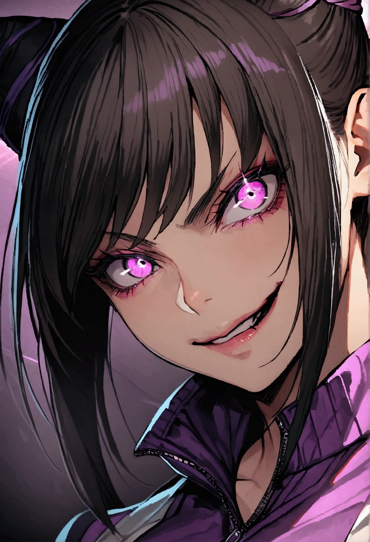 dark eye shadow,shining eyes,beautiful young fitness woman with , in a gym wearing May with black pantyhose, tight white and purple gym jacket. standing alone,hair horns,glowing purple eyes,Evil smile,legging preto ,labiaa,dark eye shadow,shining eyes,close up