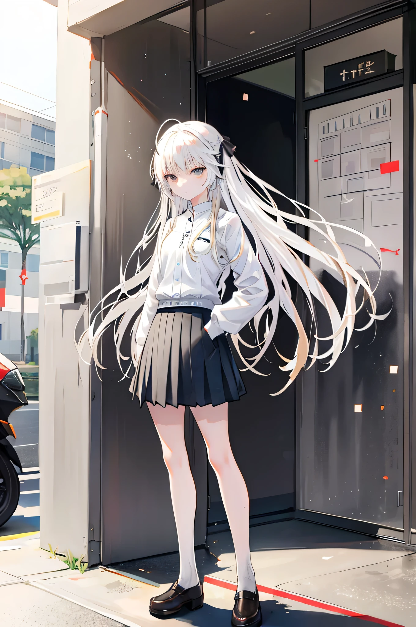 A teenage girl，White hair ，Sunshine，Gray eyes，长White hair，touching everyday clothing，Hip-covering skirt，Put your hands in your pockets，stand up，Full Body Love，touching