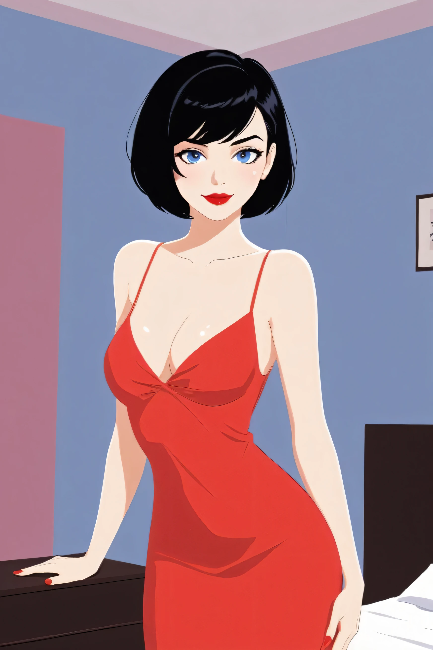 Vector illustration, girl, cleavage, minimalist, flat color , A Female with bob black haircut with blue eyes and Red lips, bare shoulders, red dress, taut dress, spaghetti strap red dress, sleeveless, medium breast, standing in her bedroom, 1 girl, solo, close up portrait, looking at viewers, seductive smile