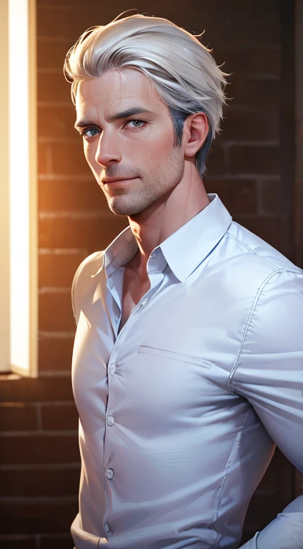 (best quality,4k,8k,highres,masterpiece:1.2),ultra-detailed,(realistic,photorealistic,photo-realistic:1.37),1 man,31 years old,mature man,very handsome,without expression,smile,short grey white hair,blue eyes,penetrating gaze,perfect face without errors,imposing posture,businessman,office background,cinematic lighting,hdr image