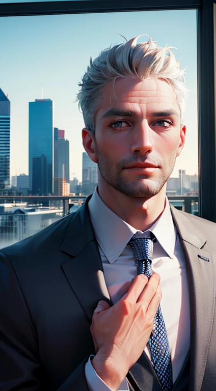 (best quality,4k,8k,highres,masterpiece:1.2),ultra-detailed,(realistic,photorealistic,photo-realistic:1.37),1 man,31 years old,mature man,very handsome,without expression,smile,short grey white hair,blue eyes,penetrating gaze,perfect face without errors,imposing posture,businessman,office background,cinematic lighting,hdr image
