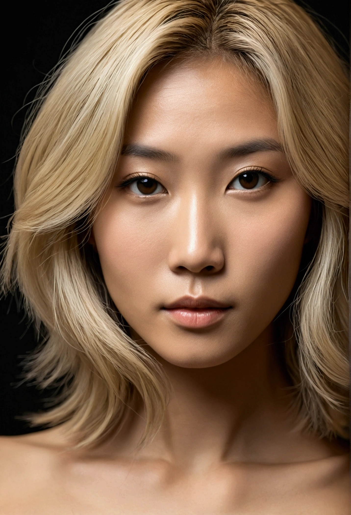 an eye contact of a blond with shoulder length hair and dark theme. Naked, Half American half Asian. Full body picture 