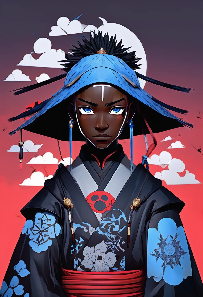 Digital artwork featuring a black man samurai anime character with a dark, mysterious aesthetic. The character has dark skin and blue eyes, partially obscured by a high-collared black cloak with blue cloud patterns. They wear a headband with a metallic plate displaying a symbol, and a traditional straw hat. The background is filled with dark, flying crows, adding to the ominous atmosphere. The overall color palette is muted, with shades of black, grey, and red dominating the scene.
