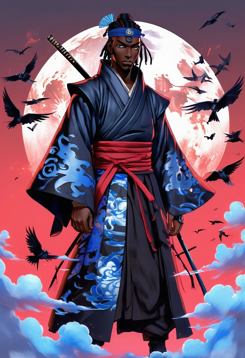 Digital artwork featuring a black man samurai anime character with a dark, mysterious aesthetic. The character has dark skin and blue eyes, partially obscured by a high-collared black cloak with blue cloud patterns. They wear a headband with a metallic plate displaying a symbol, and a traditional straw hat. The background is filled with dark, flying crows, adding to the ominous atmosphere. The overall color palette is muted, with shades of black, grey, and red dominating the scene.