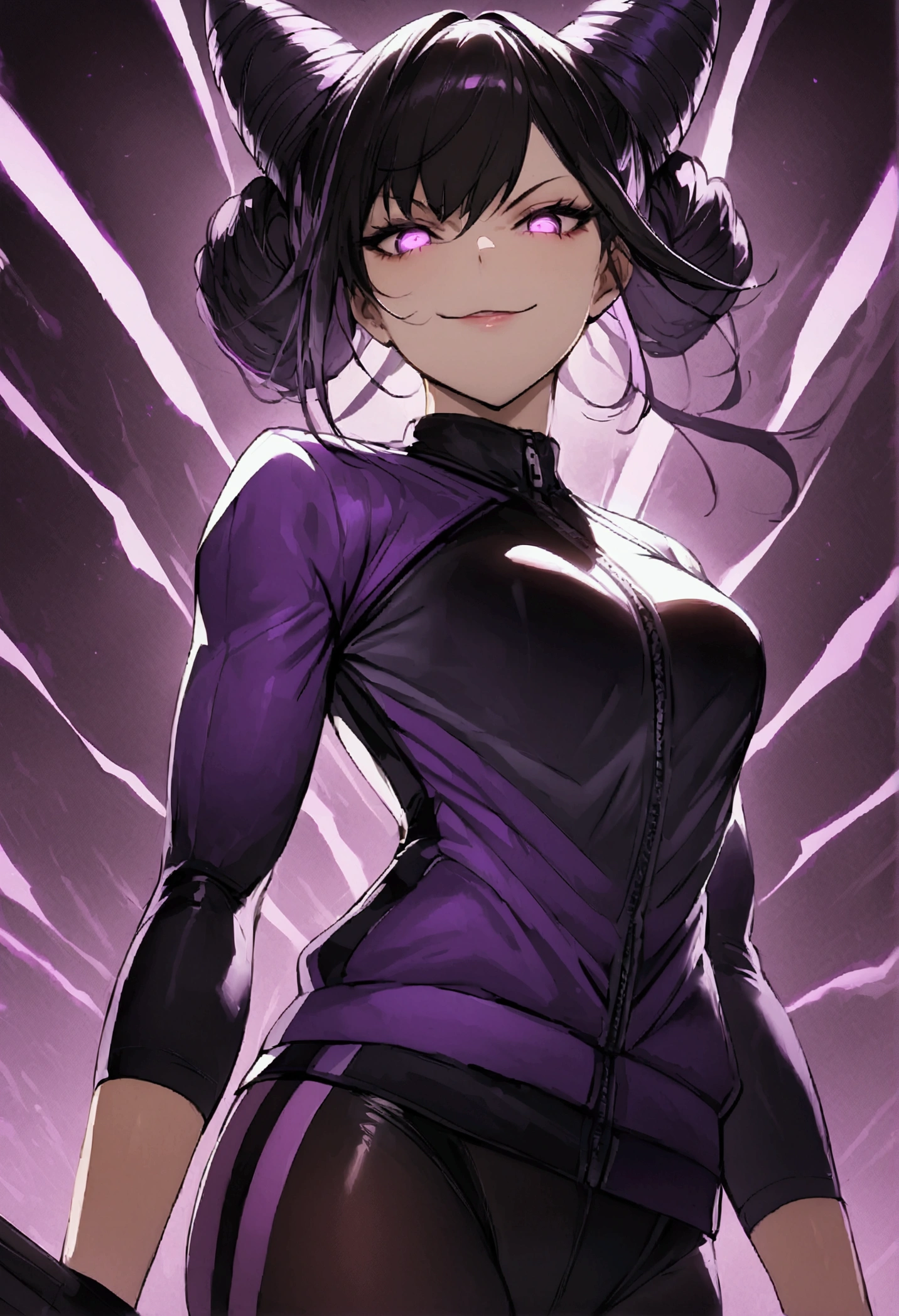 dark eye shadow,shining eyes,beautiful young fitness woman with , in a gym wearing May with black pantyhose, tight white and purple gym jacket. standing alone,hair horns,glowing purple eyes,Evil smile,legging preto ,labiaa,dark eye shadow,shining eyes,close up
