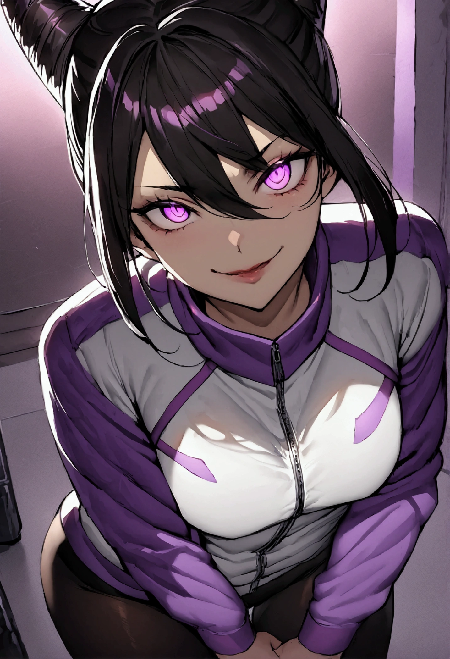 dark eye shadow,shining eyes,beautiful young fitness woman with , in a gym wearing May with black pantyhose, tight white and purple gym jacket. standing alone,hair horns,glowing purple eyes,Evil smile,legging preto ,labiaa,dark eye shadow,shining eyes,close up