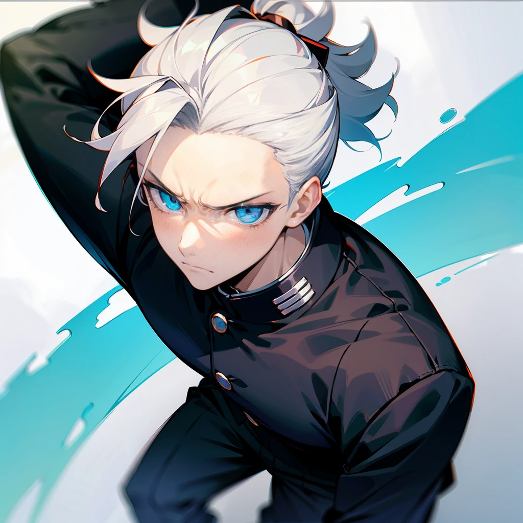 1male , Young Male , Somber Expression ,Bright White Hair , Curly Hair , Pulled Back into a ponytail , Bangs , Serious Expression , Bright Blue Eyes , Lean , Black Gakuran Uniform , Black Baggy Pants , Perfect Generation