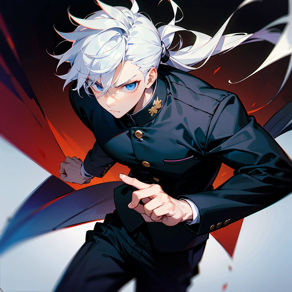 1male , Young Male , Somber Expression ,Bright White Hair , Curly Hair , Pulled Back into a ponytail , Bangs , Serious Expression , Bright Blue Eyes , Lean , Black Gakuran Uniform , Black Baggy Pants , Perfect Generation