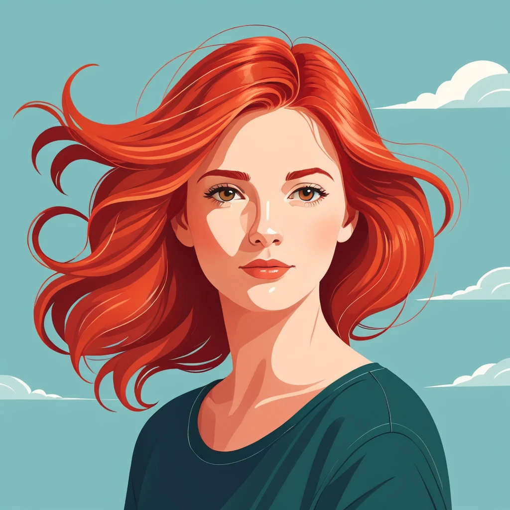 A vector illustration, a red-haired woman with hair in the wind, a woman. She is thoughtful.by Kathrin Honesta