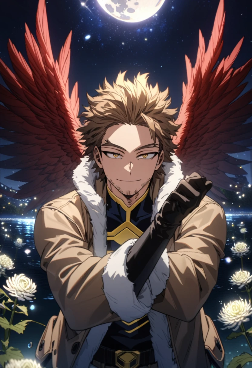 absurdres, highres, ultra detailed, HDR, master piece, best quality, extremely detailed, Hawks, ash-brown hair, expressive golden brown eyes, faint stubble, Boku No Hero Academia, solo, sexy man, handsome, smile, brown coat with fur, black tight shirt, black gloves, red wings, fantasy, water, sparkling, silver glittering fireflies, silver moon, silver blossoms, silver chrysanthemums, silver sparkling lights, starry sky, magical