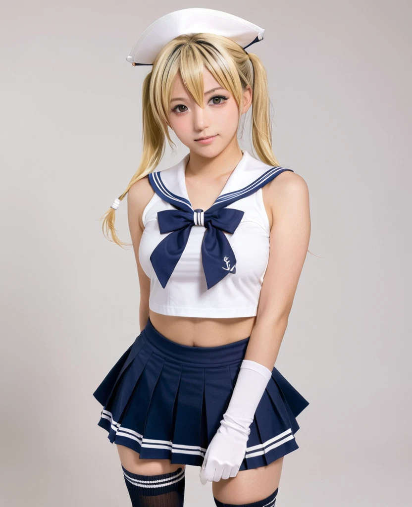 rensouhou-chan, shimakaze (kancolle), 1girl, solo, long hair, breasts, looking at viewer, blush, skirt, blonde hair, large breasts, simple background, hair ornament, thighhighs, gloves, white background, navel, hair between eyes, closed mouth, underwear, , collarbone, yellow eyes, pleated skirt, hairband, serafuku, sleeveless, elbow gloves, striped, white gloves, miniskirt, sailor collar, blue skirt, crop top, wet, neckerchief, sideboob, skindentation, highleg, black hairband, blue sailor collar, striped thighhighs, alternate breast size, microskirt, black neckerchief, anchor hair ornament