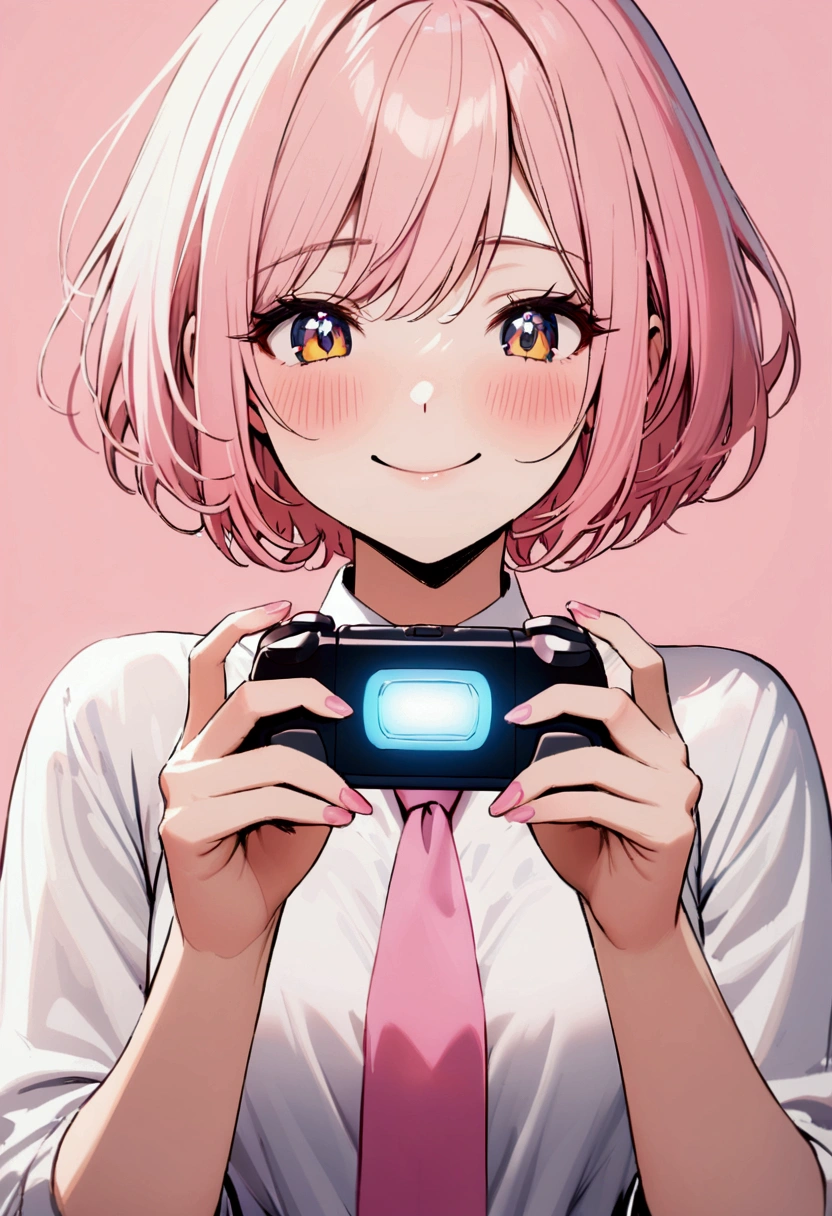 Young woman, short hair, pink-yellow hair, Blue Makeup, white shirt, pink necktie, simple background, smiling, blushing, playing video games