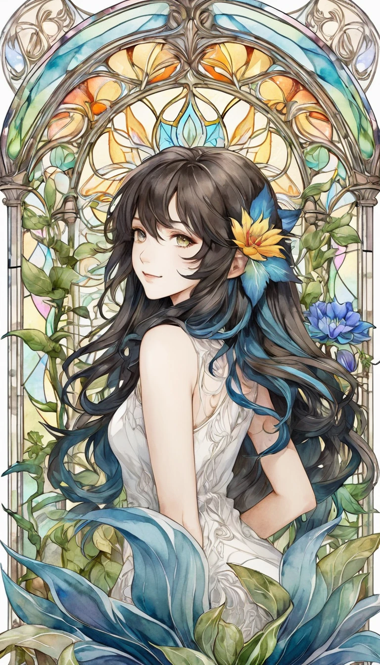 Playing with the tides,Luxray, Split Color Hair, Wind, 舞い散るflowerびら, Stained Glass AI, Decorative, Intricate details, Dukhkova, 2D, Line art, watercolor, ink watercolor, Random color hair, Super long hair, Wavy, One girl,Mandrake,flower, Mandrake,