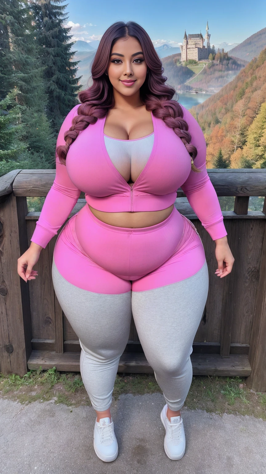 gorgeous curvy plus size Indian bengali actress ritavori , glowing eyes, wearing SHEIN Tween Girl 3pcs Street Style Sweatshirt With Vest And Jogger Pants Set, Printed With Butterfly Color: Hot Pink , covered Bust, parted lips, blushing cheeks, thick thighs, bigger waist, busty, curvy plus size body, full body, full body shot, head to toe view, smoothning burgendy color hair with pfrench braid hairstyle, hourglass body, curvy plus size body, smile face, bigger waist, busty, big hips, fleshy thighs, thick thighs, busty, full body view, Neuschwanstein Castle, Germany: Fairy tale castle in a mountainous setting.