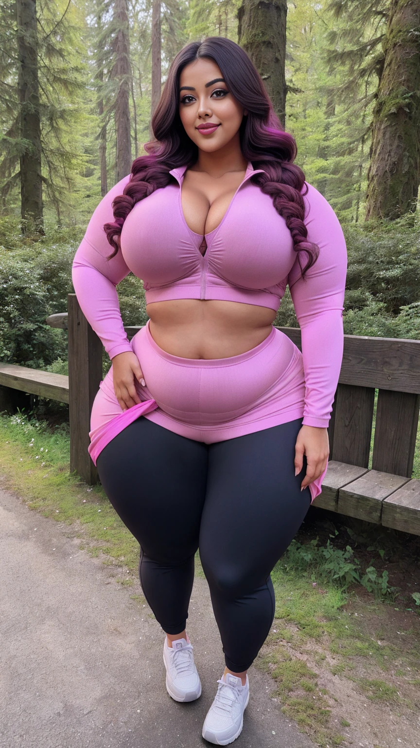 gorgeous curvy plus size Indian bengali actress ritavori , glowing eyes, wearing SHEIN Tween Girl 3pcs Street Style Sweatshirt With Vest And Jogger Pants Set, Printed With Butterfly Color: Hot Pink , covered Bust, parted lips, blushing cheeks, thick thighs, bigger waist, busty, curvy plus size body, full body, full body shot, head to toe view, smoothning burgendy color hair with pfrench braid hairstyle, hourglass body, curvy plus size body, smile face, bigger waist, busty, big hips, fleshy thighs, thick thighs, busty, full body view, Neuschwanstein Castle, Germany: Fairy tale castle in a mountainous setting.