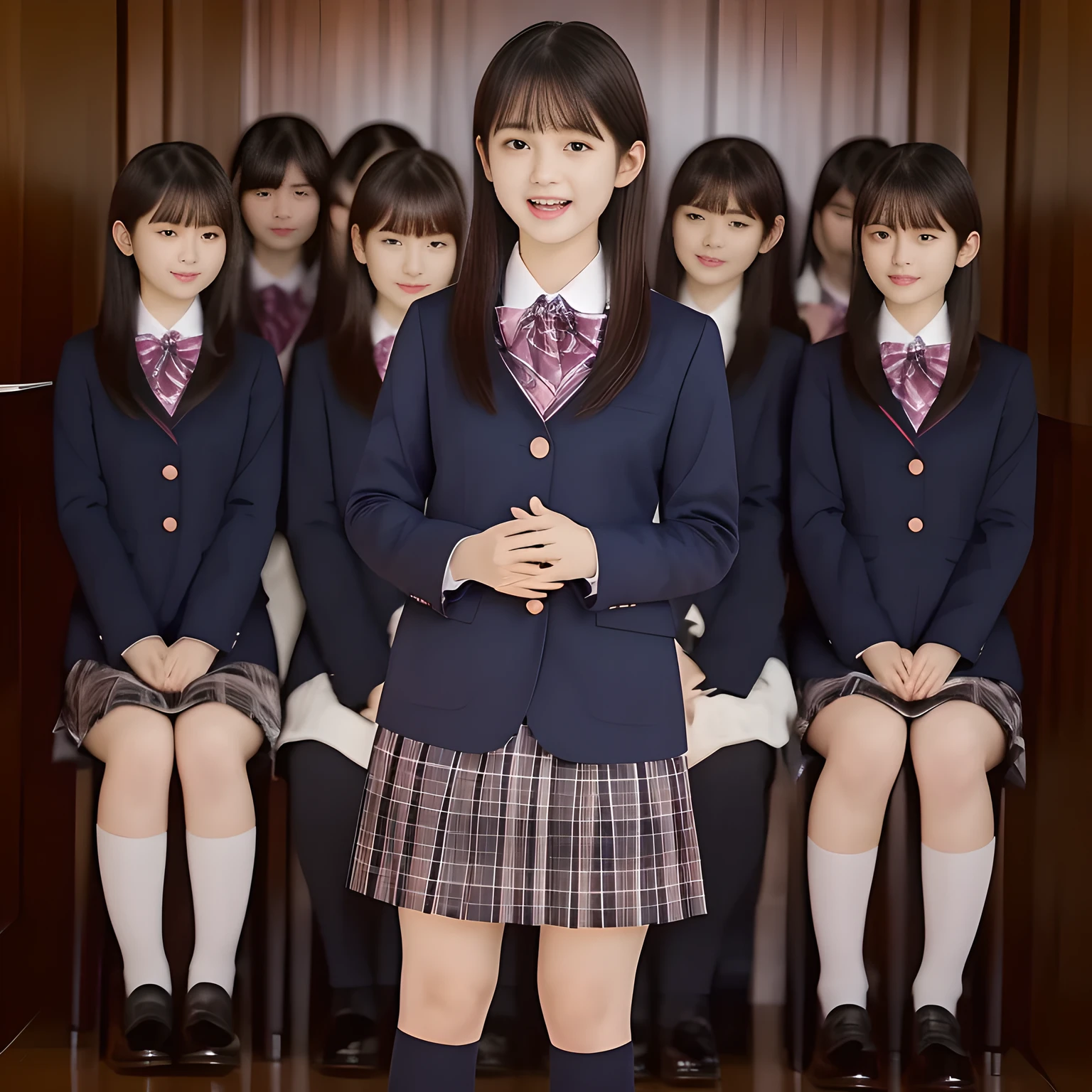 (Highest quality, masterpiece:1.2), Highest quality, High resolution, 1080P, 8k, height: 158cm, ((Seven noble, graceful and intelligent yo Japanese young idles who have a best proportion are seated and singing religious hymn chorus with opening their mouth, all of them are watching at me!: 1.5)), ((So sweet, very noble, neat, and pretty 14 Japanese beautiful fashion magazine models are surrounding me and looking gracefully at me: 1.6)), ((All of them are looking directly at me,)) ((((Very pure white face and limbs)))), Glossy Lips, (Evenly cut curled bangs), ((Very beautiful, droopy, cute, pure, noble, intelligent brown eyes with detailed: 1.6)), ((Beautiful wavy long hair: 1.6)), (Very shiny, glossy Lips), Watch at you, ((Incredibly well organized, Rich facial expressions)), ((Plump and beautiful white skin and face)), ((Pure, clear, gentle brown eyes)), ((staring at me)), Glossy Lips, ((Noble and elegant)), ((Large upward-curving lips)), ((((Navy gorgeous Japanese school blazer with noble golden emblem)))), ((Navy and sapphire blue Japanese school gorgeous uniform)), ((Tartan check pattern dark blue and navy pleated gorgeous skirt with beautiful white fat calf: 1.0)), ((Blue gloss chest ribbon: 1.0)), ((((An ecstatic expression of boundless joy)))), (((Beauty and fashion magazine for young girls))), ((Cute beautiful knees)), ((Well-shaped ample breasts)), ((Tilting his head and smiling)), ((Plain darkness background: 1.5)), (Singing in religious happiness and inviting me to the happiness with them: 1.0), ((Too beautiful women to stop falling into them: 1.6)), ((They are in fact succubi and seated with strong religious temptation))