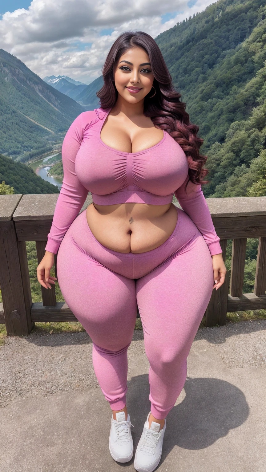 gorgeous curvy plus size Indian bengali actress ritavori , glowing eyes, wearing SHEIN Tween Girl 3pcs Street Style Sweatshirt With Vest And Jogger Pants Set, Printed With Butterfly Color: Hot Pink , covered Bust, parted lips, blushing cheeks, thick thighs, bigger waist, busty, curvy plus size body, full body, full body shot, head to toe view, smoothning burgendy color hair with pfrench braid hairstyle, hourglass body, curvy plus size body, smile face, bigger waist, busty, big hips, fleshy thighs, thick thighs, busty, full body view, Neuschwanstein Castle, Germany: Fairy tale castle in a mountainous setting.