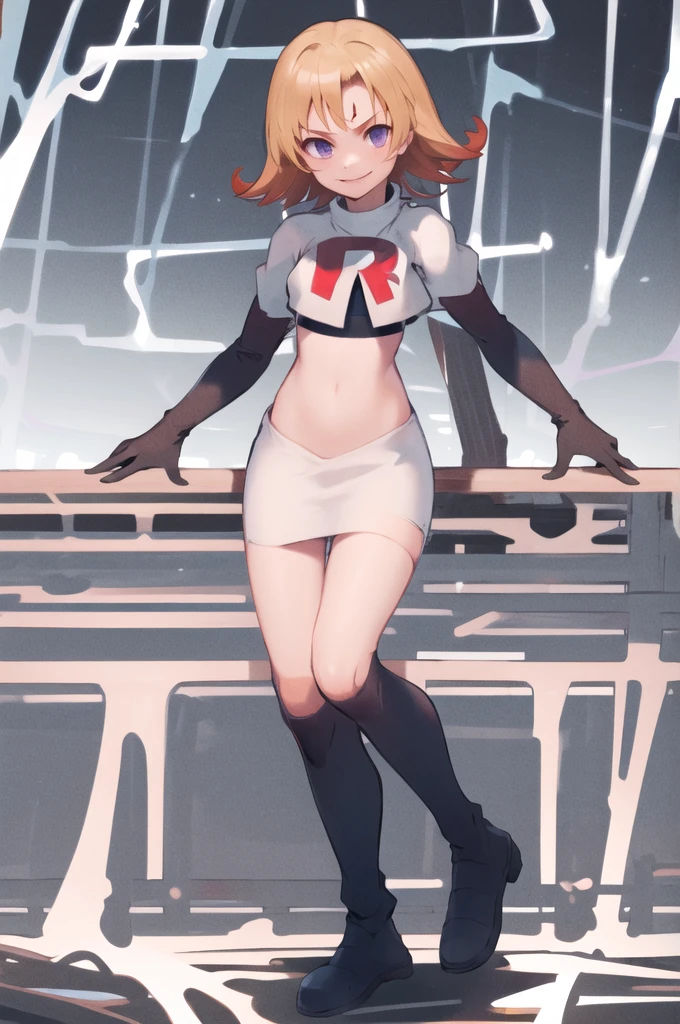 masterpiece, best quality, highres, aaphos, short hair, multicolored hair, team rocket uniform, red letter R, white skirt,white crop top,black thigh-high boots,black elbow gloves, evil smile