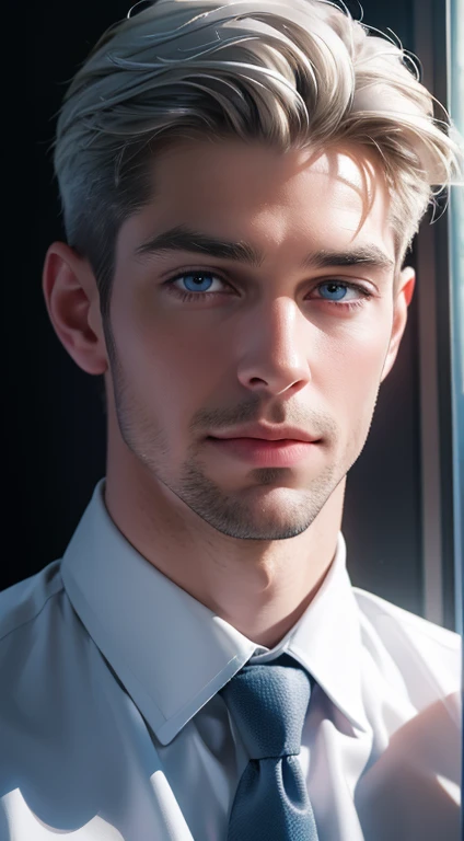 (best quality,4k,8k,highres,masterpiece:1.2),ultra-detailed,(realistic,photorealistic,photo-realistic:1.37),1 man,31 years old,mature man,very handsome,without expression,smile,short grey white hair,blue eyes,penetrating gaze,perfect face without errors,imposing posture,businessman,office background,cinematic lighting,hdr image