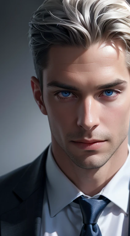 (best quality,4k,8k,highres,masterpiece:1.2),ultra-detailed,(realistic,photorealistic,photo-realistic:1.37),1 man,31 years old,mature man,very handsome,without expression,smile,short grey white hair,blue eyes,penetrating gaze,perfect face without errors,imposing posture,businessman,office background,cinematic lighting,hdr image