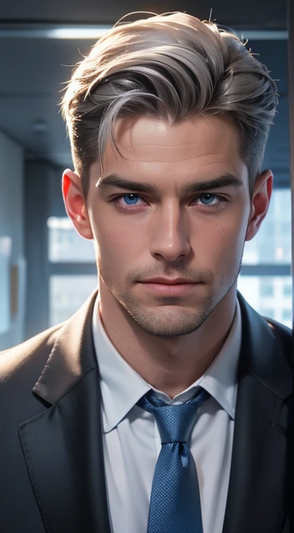 (best quality,4k,8k,highres,masterpiece:1.2),ultra-detailed,(realistic,photorealistic,photo-realistic:1.37),1 man,31 years old,mature man,very handsome,without expression,smile,short grey white hair,blue eyes,penetrating gaze,perfect face without errors,imposing posture,businessman,office background,cinematic lighting,hdr image