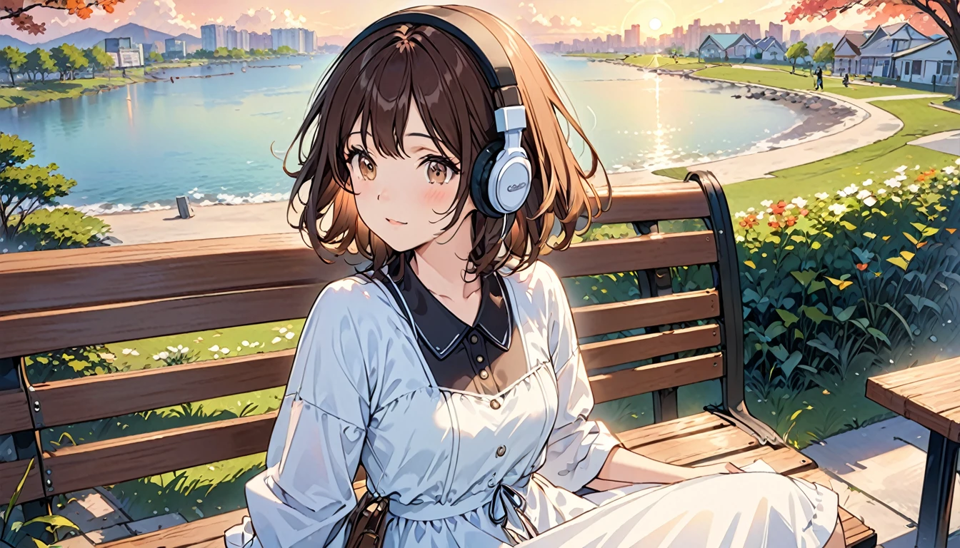 Brown-haired girl wearing headphones、Twilight Park - Very detailed、masterpiece, Highest quality, Bright - Sunset park in the background、Relaxed facial expression、Casual dress、Sitting on a bench watching the sunset 、Cowboy shot or close-up